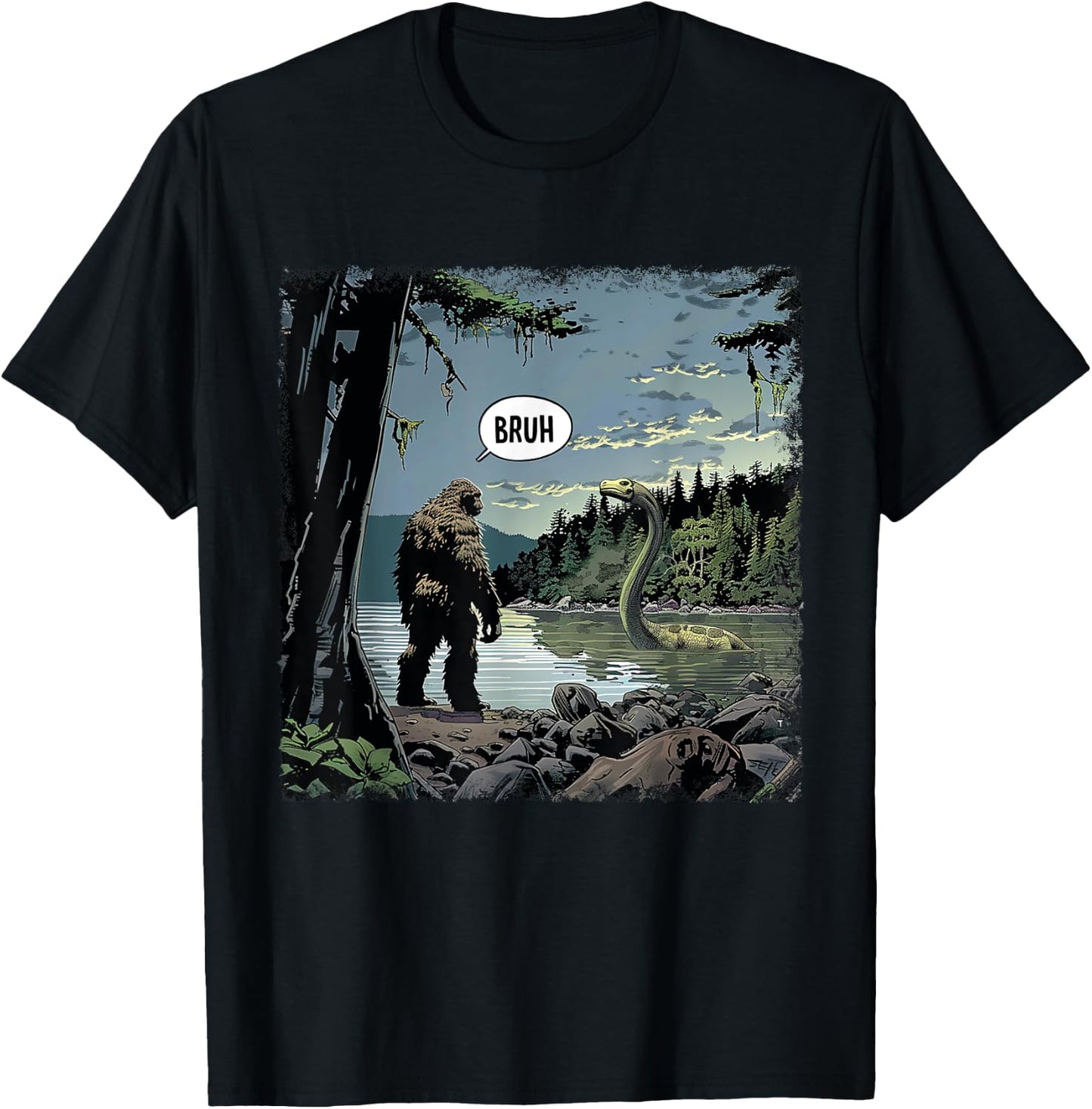 Classic Loch Ness Monster With Bigfoot Funny Animal Happily T-Shirt - T-Shirt | Black
