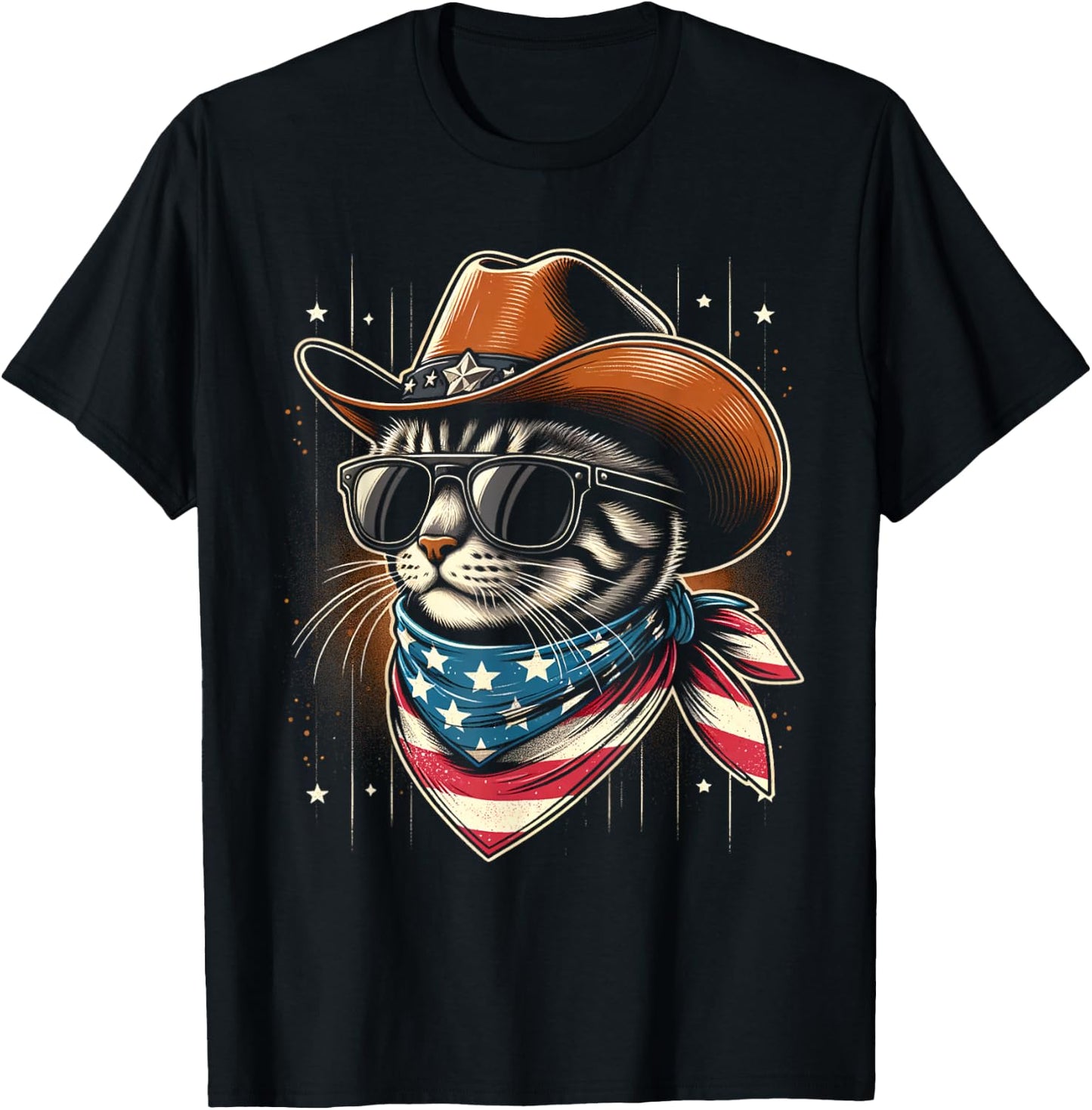 Funny Patriotic Cowboy Cat 4th of July Women Kids T-Shirt - T-Shirt | Black
