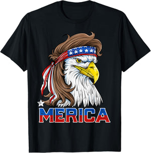 Merica Eagle Mullet 4th of July Men Women American Flag USA T-Shirt - T-Shirt | Black