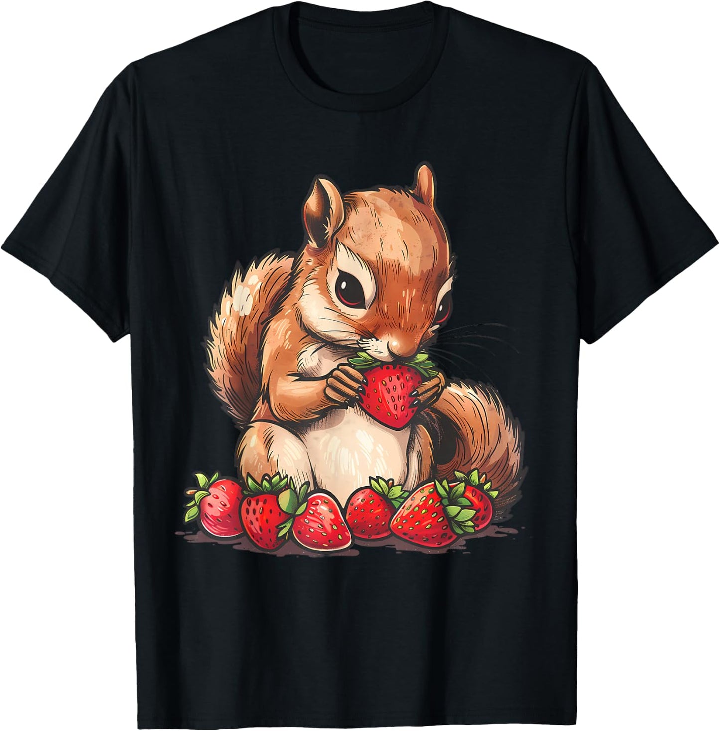 Strawberry Squirrel Artwork Strawberry Fruit Cute Squirrel T-Shirt - T-Shirt | Black