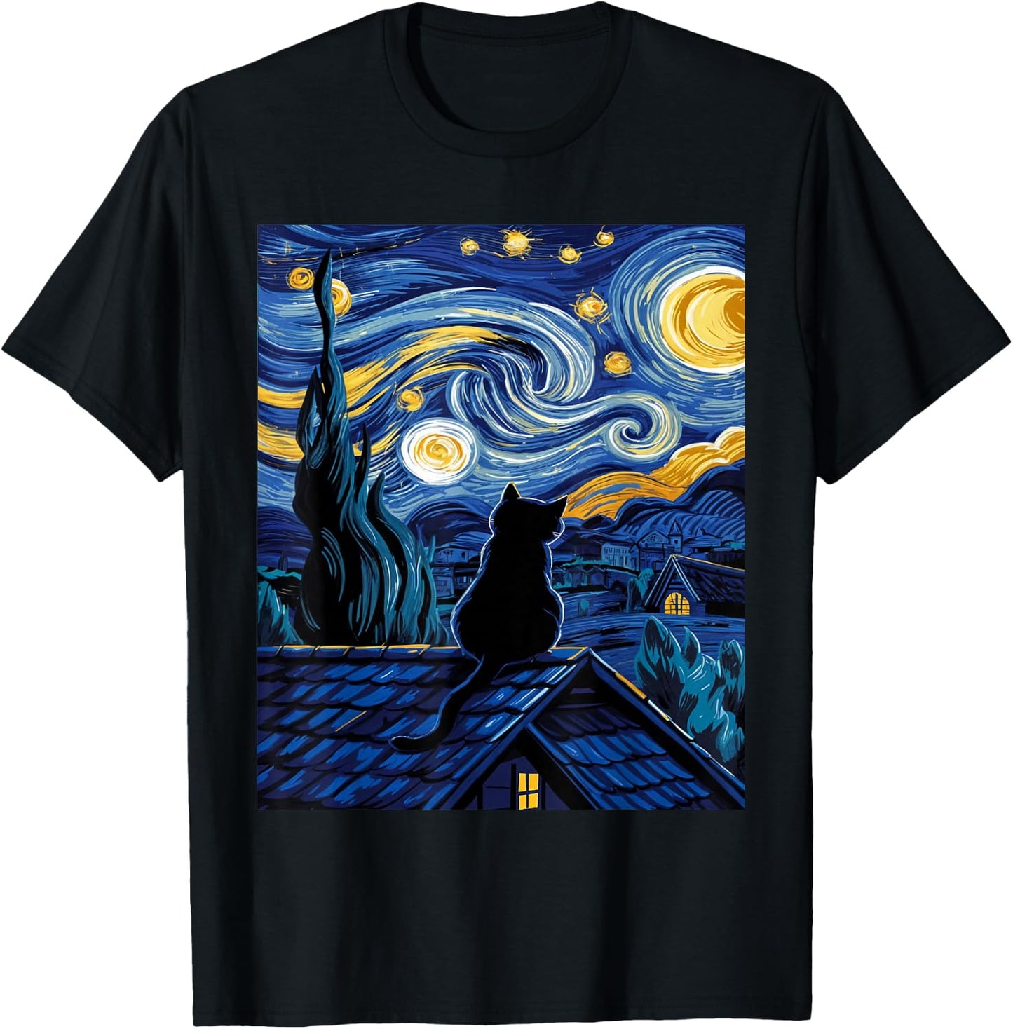 Cat Starry Night Van Gogh Cat Art Lover Funny Cat T-Shirt - T-Shirt | Black
