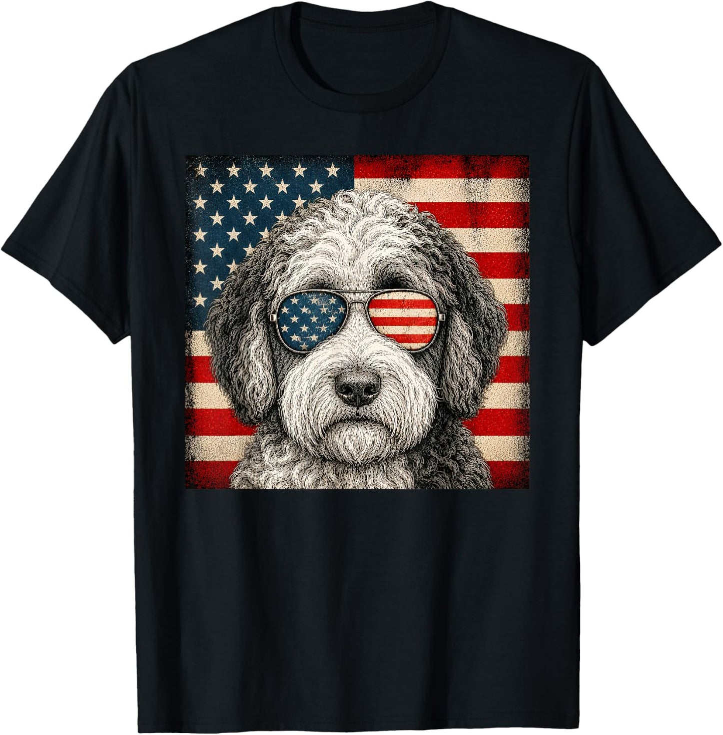 Sheepadoodle 4th of July US American Flag Dog Patriotic T-Shirt - T-Shirt | Black