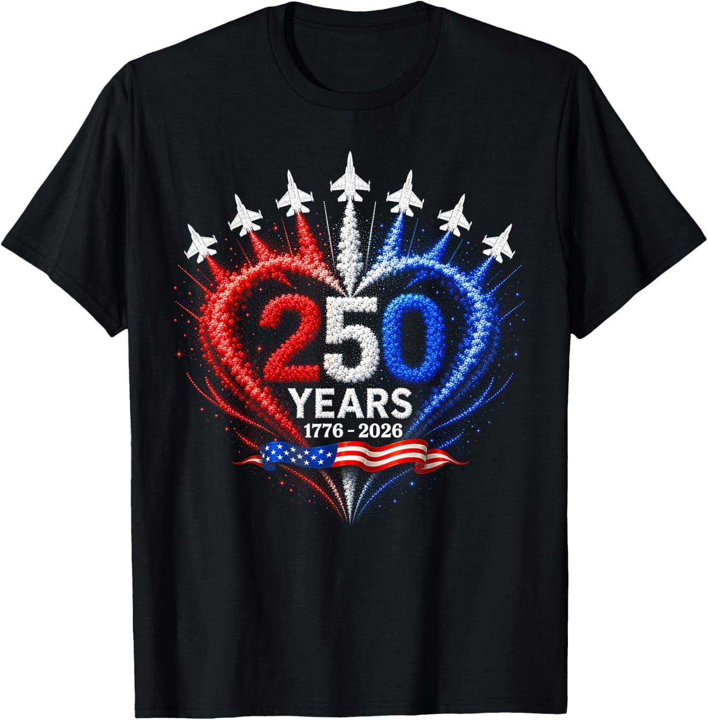 4th of July American Flag 250 Years of Freedom Heart Jets T-Shirt - T-Shirt | Black