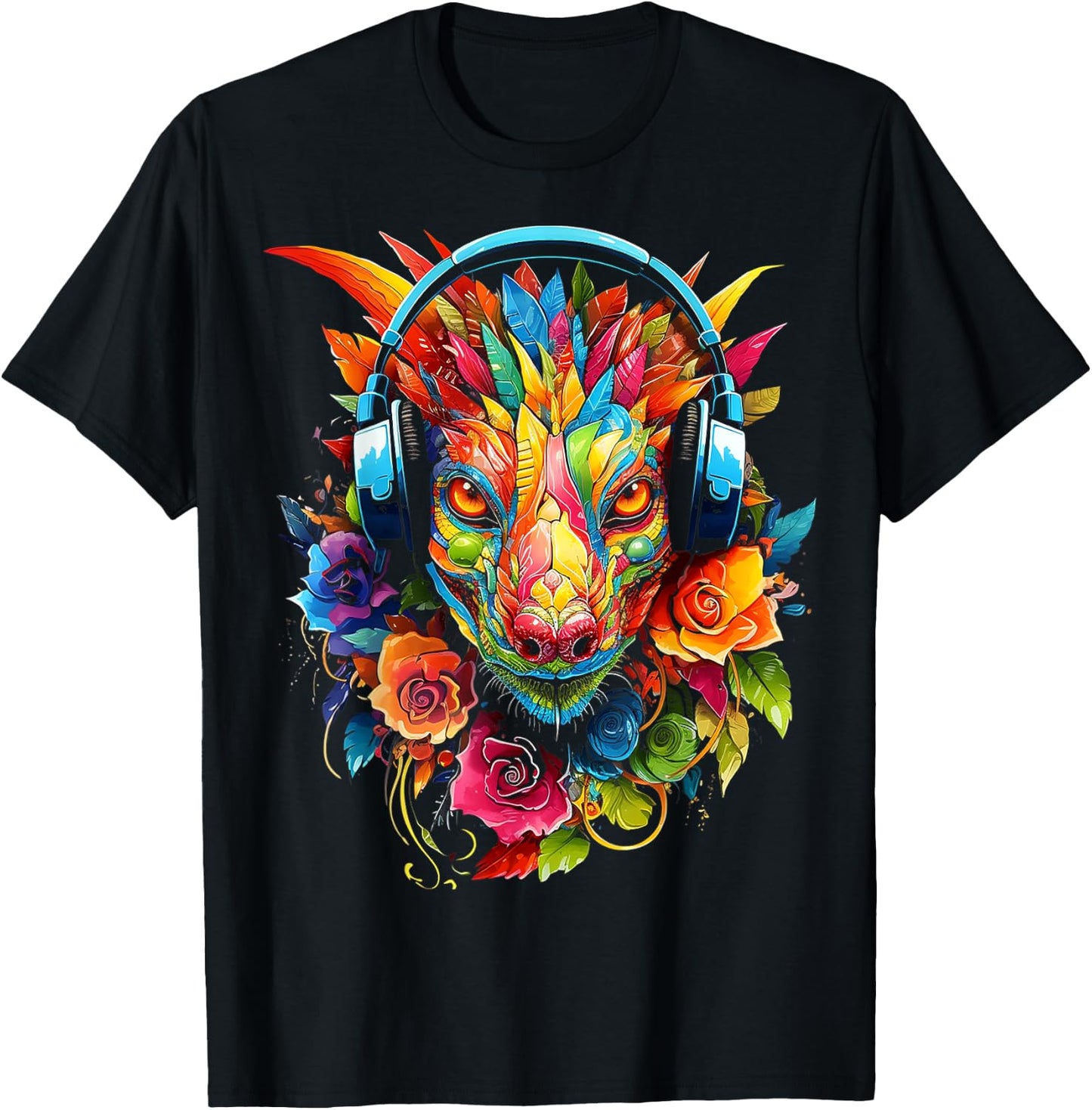 Dragon Headphones Art Colorful Flowers Graphic Anime T-Shirt - T-Shirt | Black