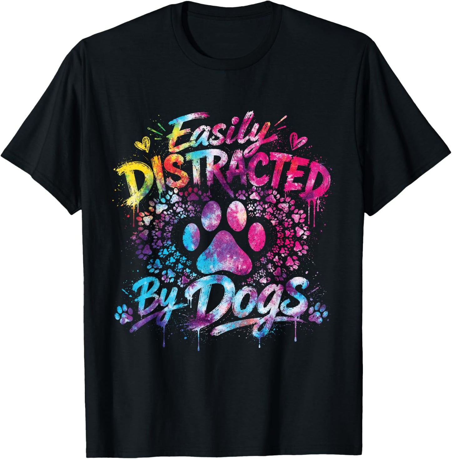 Easily Distracted By Dogs Tie Dye Dog Lover Paw Print T-Shirt - T-Shirt | Black