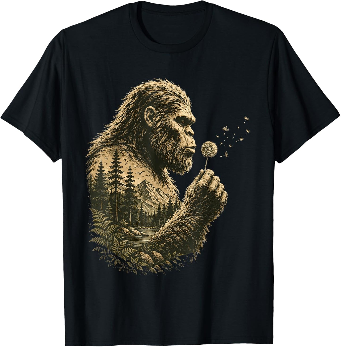 Bigfoot Blowing Dandelion Vintage Sasquatch Nature Men Women T-Shirt - T-Shirt | Black