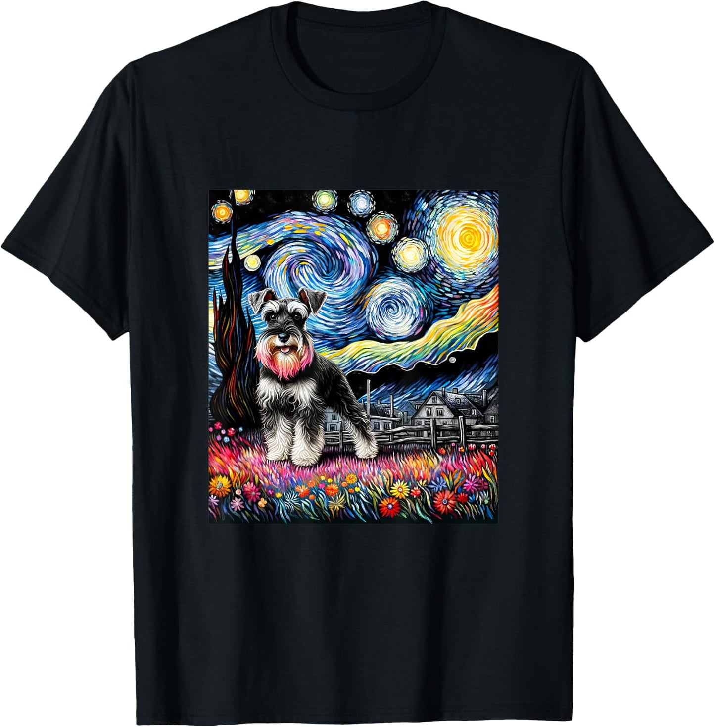 Miniature Schnauzer Dog Van Gogh Starry Night Painting T-Shirt - T-Shirt | Black