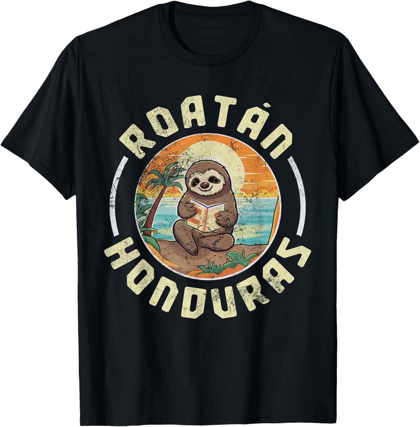 Roatan Honduras Vacation Sloth Beach Summer Distressed T-Shirt - T-Shirt | Black