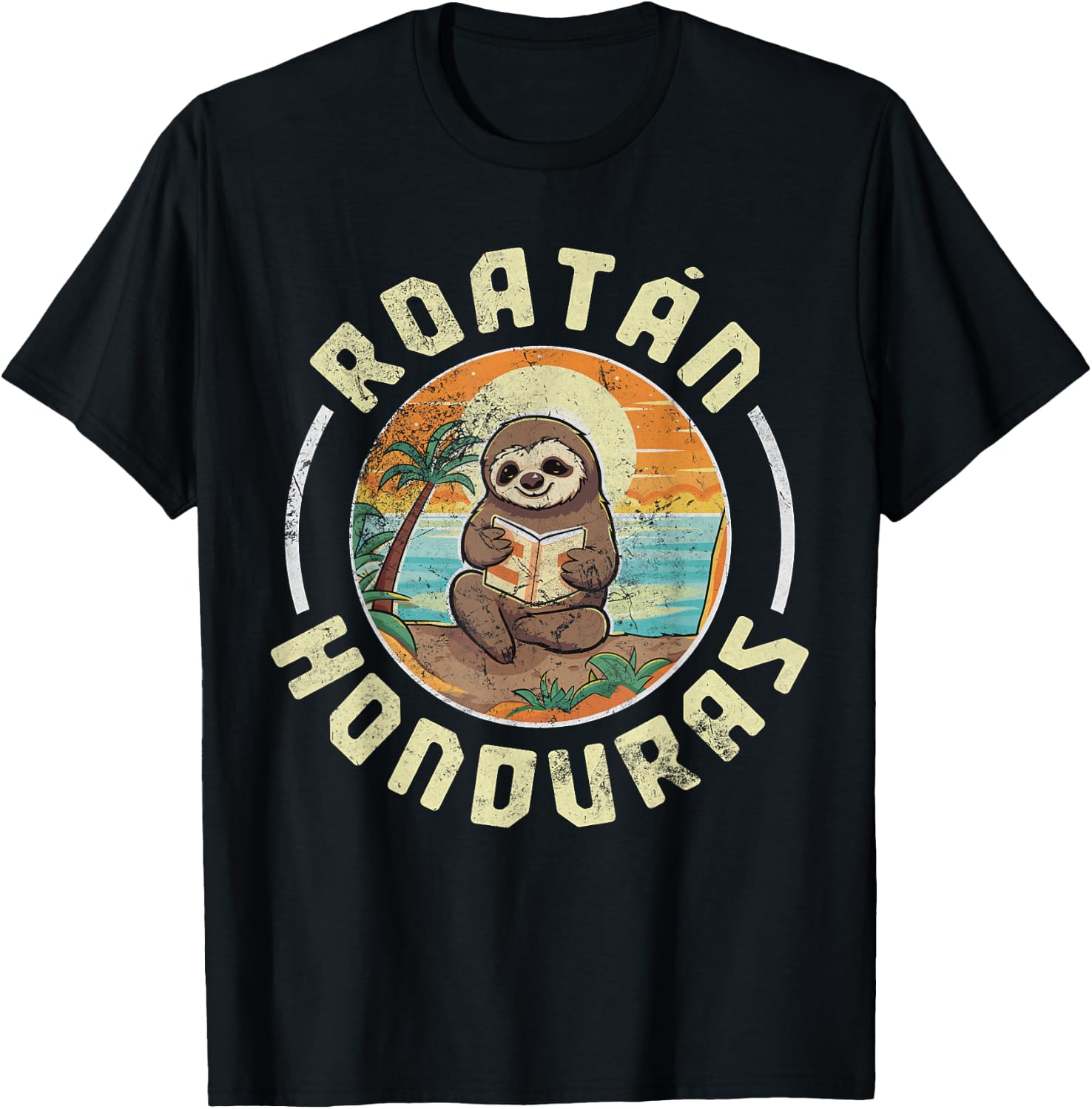 Roatan Honduras Vacation Sloth Beach Summer Distressed T-Shirt - T-Shirt | Black