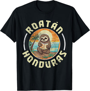 Roatan Honduras Vacation Sloth Beach Summer Distressed T-Shirt - T-Shirt | Black