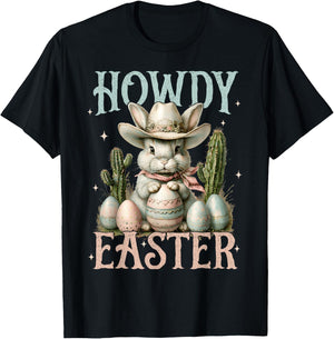 Happy Easter Howdy Easter Egg Bunny Rabbit Cowgirl Cowboy T-Shirt - T-Shirt | Black