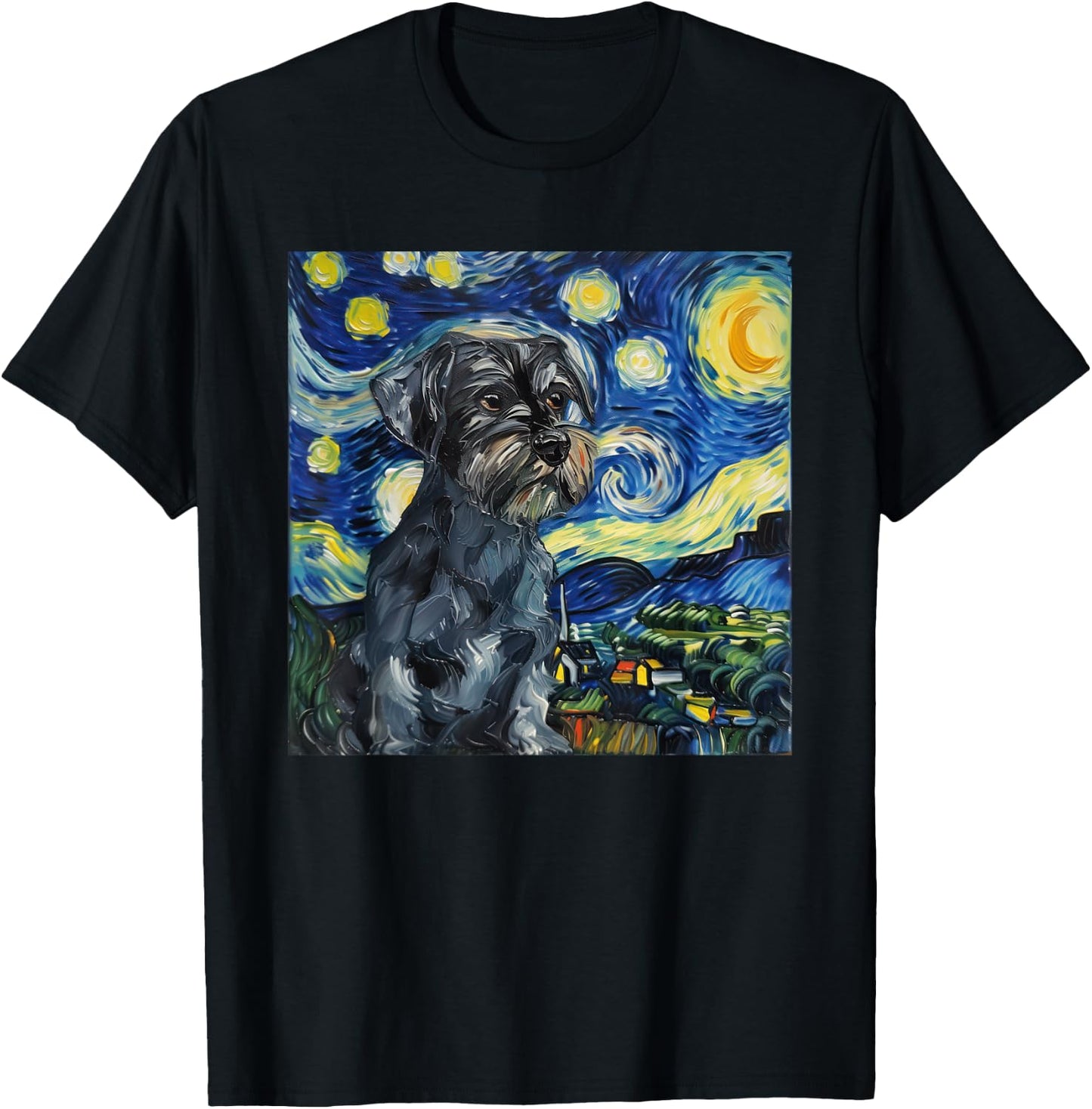 Miniature Schnauzer Dog Van Gogh Style Starry Night T-Shirt - T-Shirt | Black