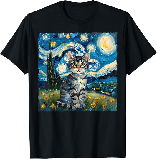 Van Gogh Style Funny Gray Tabby Tiger Cat Lover Starry Night T-Shirt - T-Shirt | Black