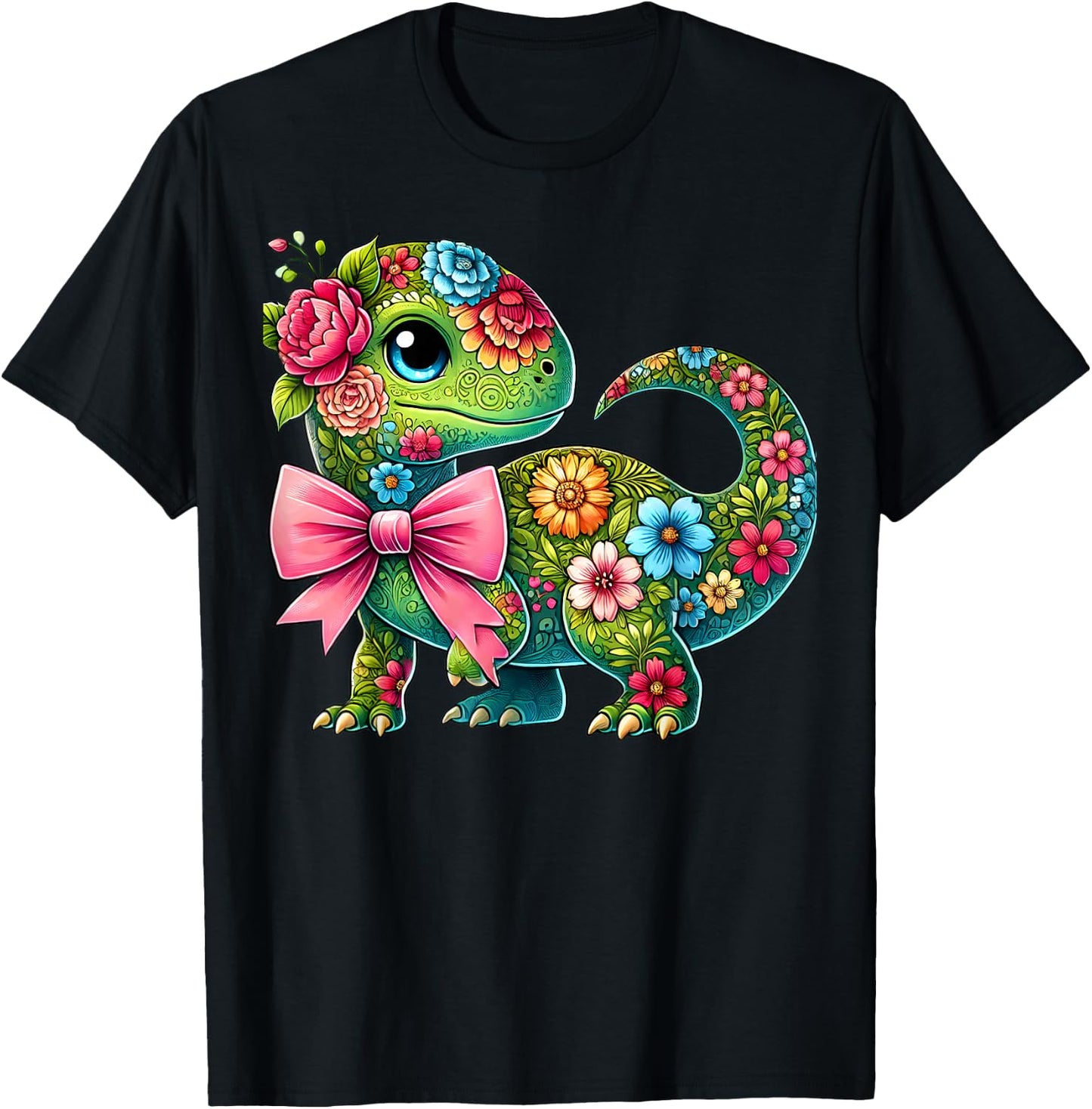 Floral Dinosaur Flower Cute Coquette Bow Graphic Women Girls T-Shirt - T-Shirt | Black