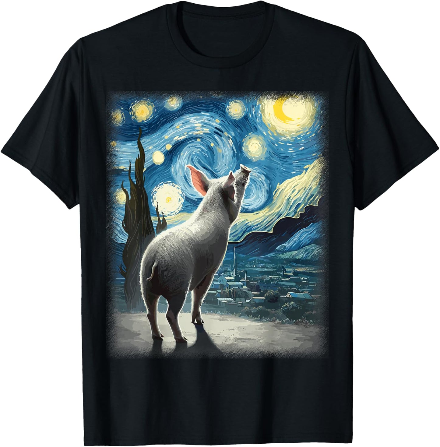 Pig Star Gazer - Artistic Van Gogh Style Starry Night Pig T-Shirt - T-Shirt | Black