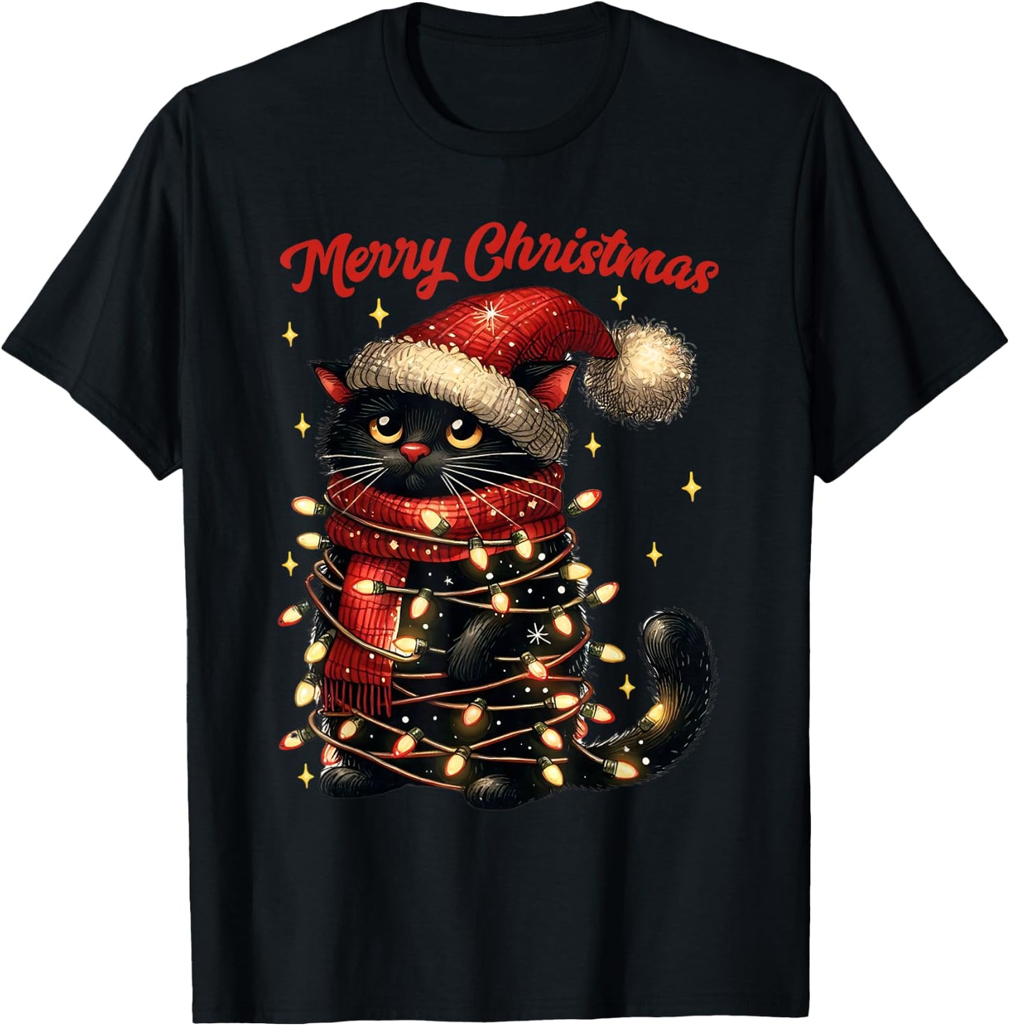 Christmas Outfit Cat with Christmas Lights Christmas , black T-Shirt - T-Shirt | Black