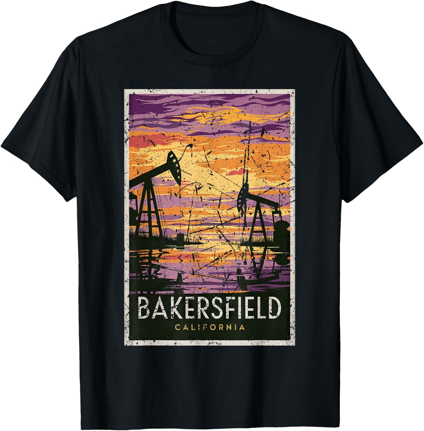Bakersfield Sunset Oil Fields Retro Travel Art Print T-Shirt - T-Shirt | Black