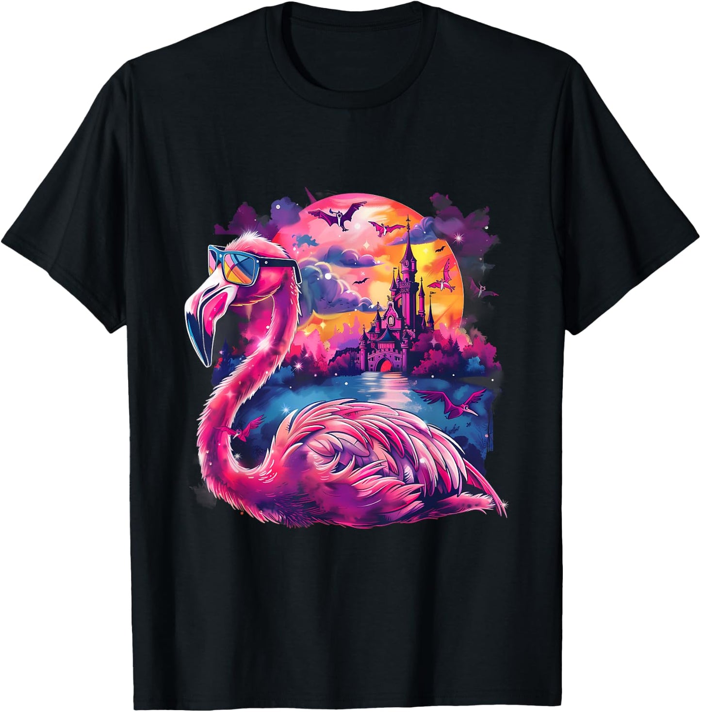 Halloween Flamingo Bats Haunted Castle Trick Or Treat Moon T-Shirt - T-Shirt | Black