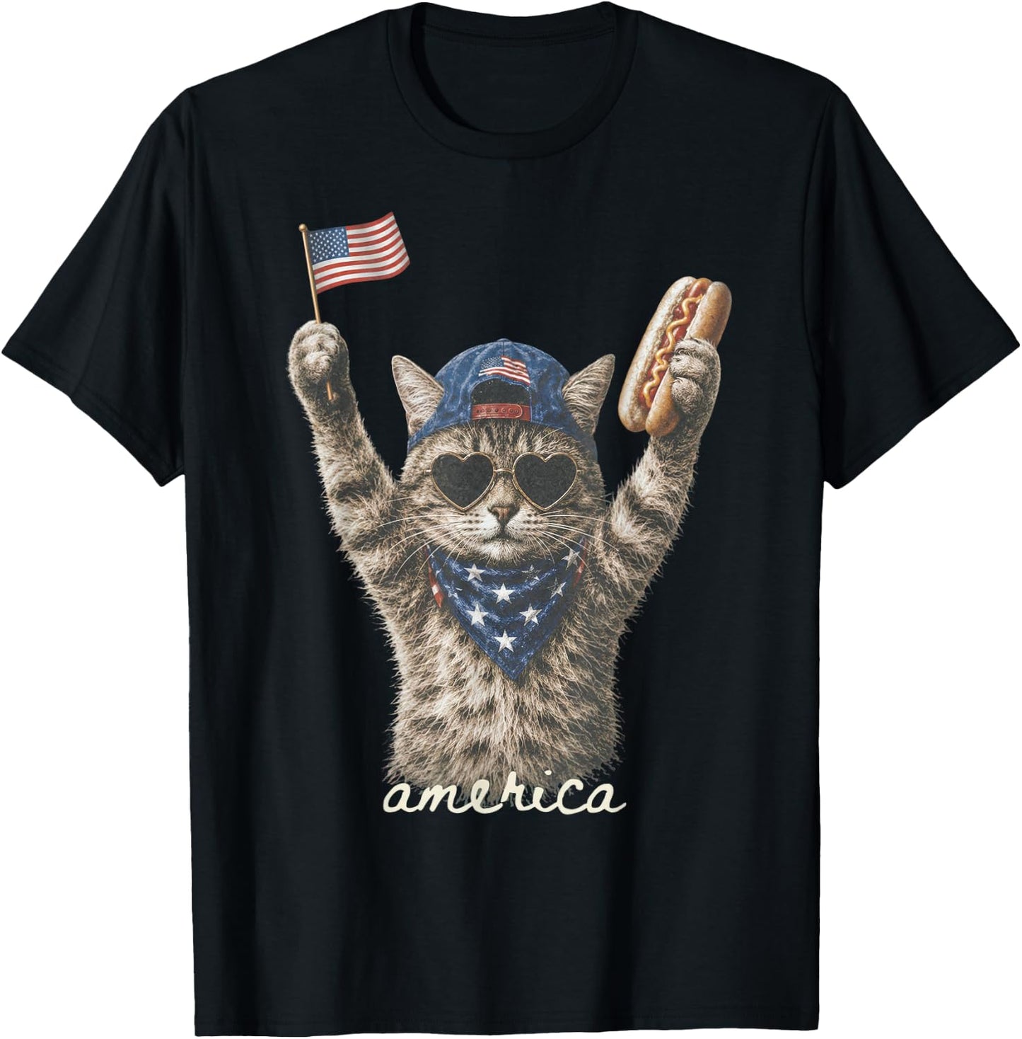 Funny America Cat Hotdog 4th of July US Flag Patriotic T-Shirt - T-Shirt | Black