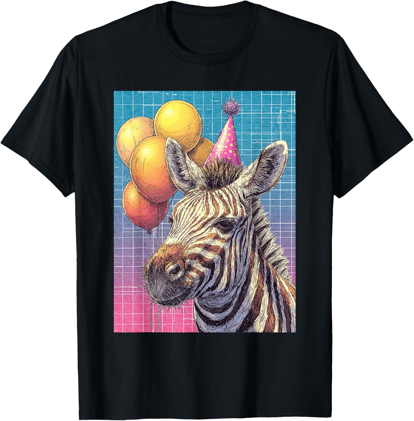 Zebra Synthwave Print Birthday Party Balloons & Party Hat T-Shirt - T-Shirt | Black