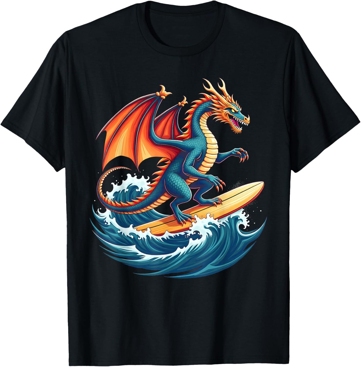 Fire Waves Dragon Surfer Mythical Surfing Beach Surfboarder T-Shirt - T-Shirt | Black