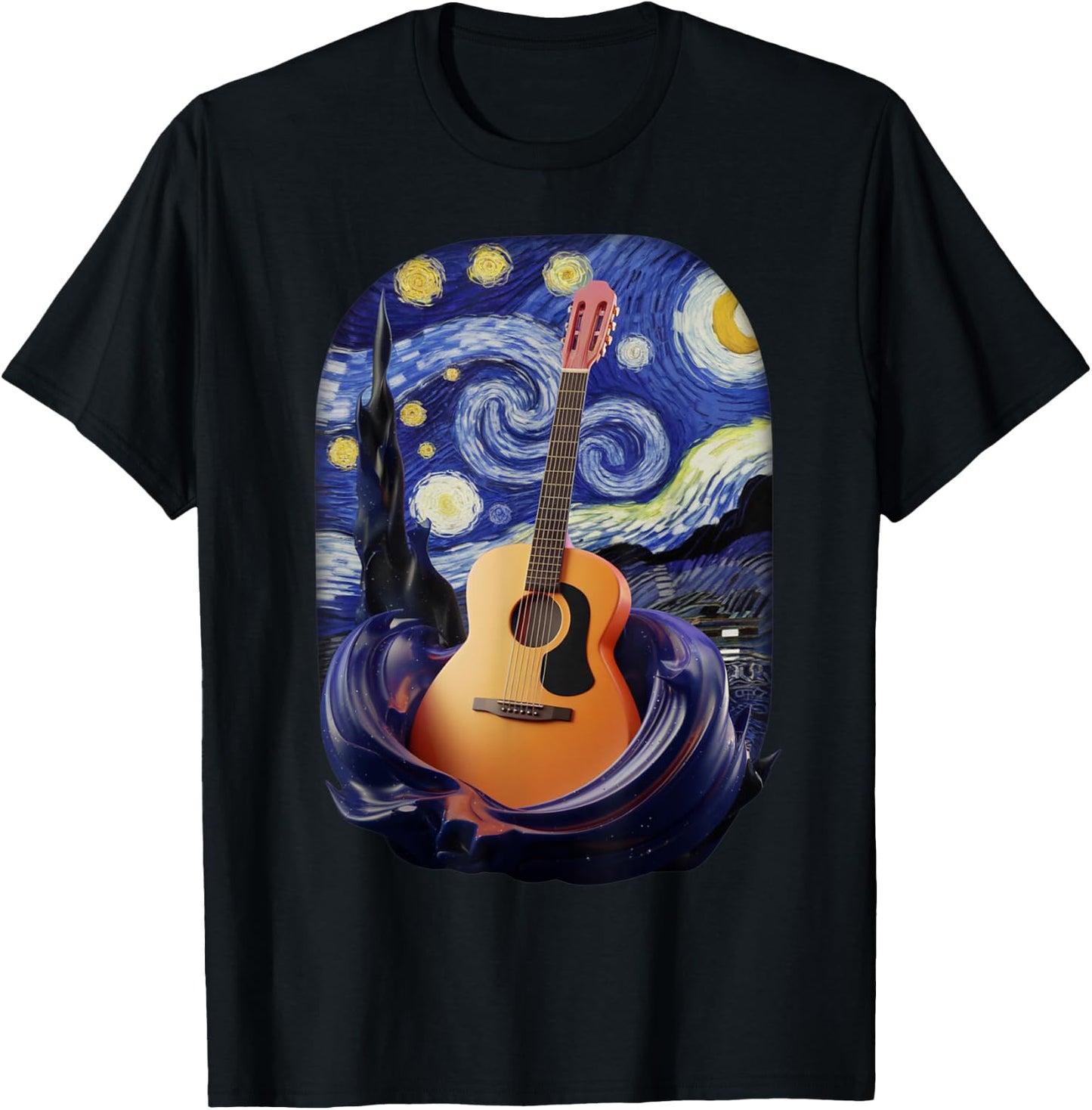 Starry Night Inspired Acoustic Guitar Art T-Shirt - T-Shirt | Black
