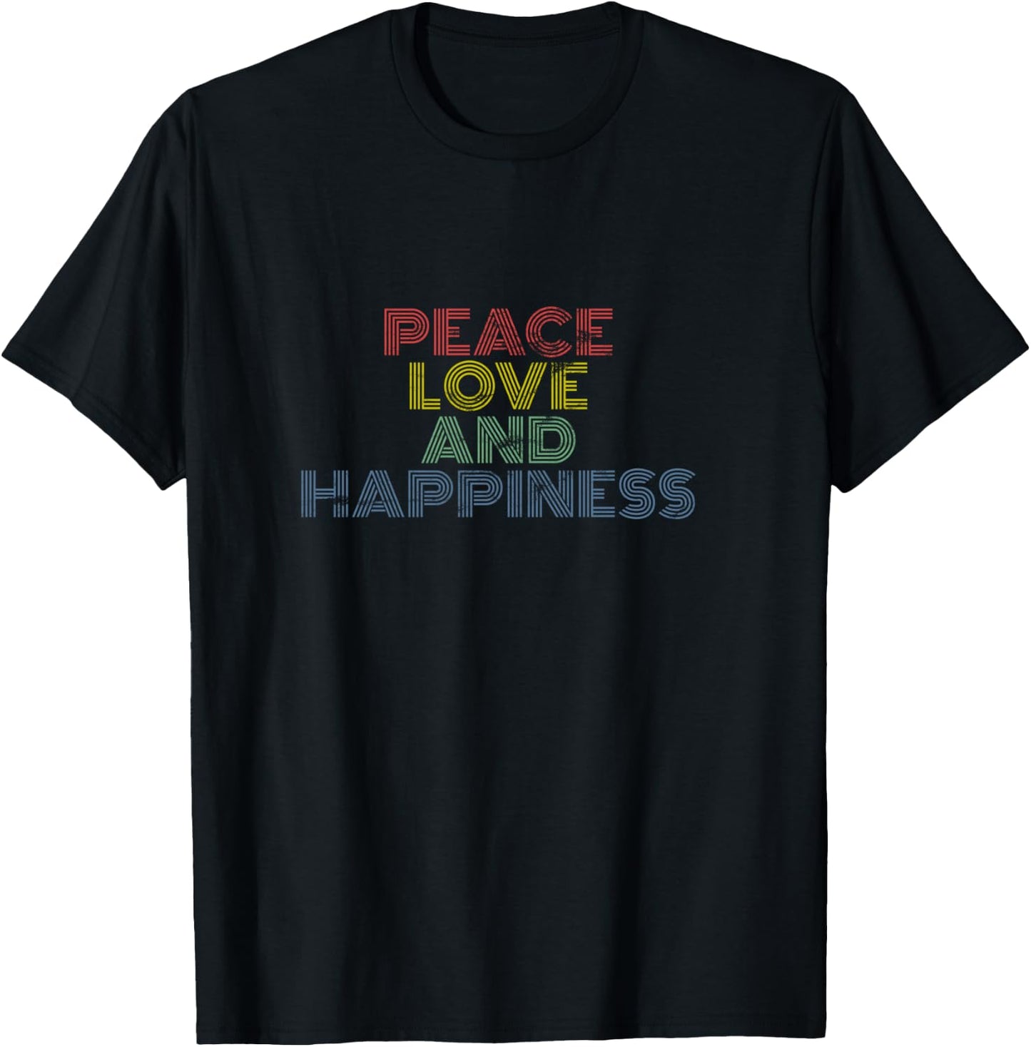 Peace Love Happiness Retro Rainbow Positivity Vibes T-Shirt - T-Shirt | Black