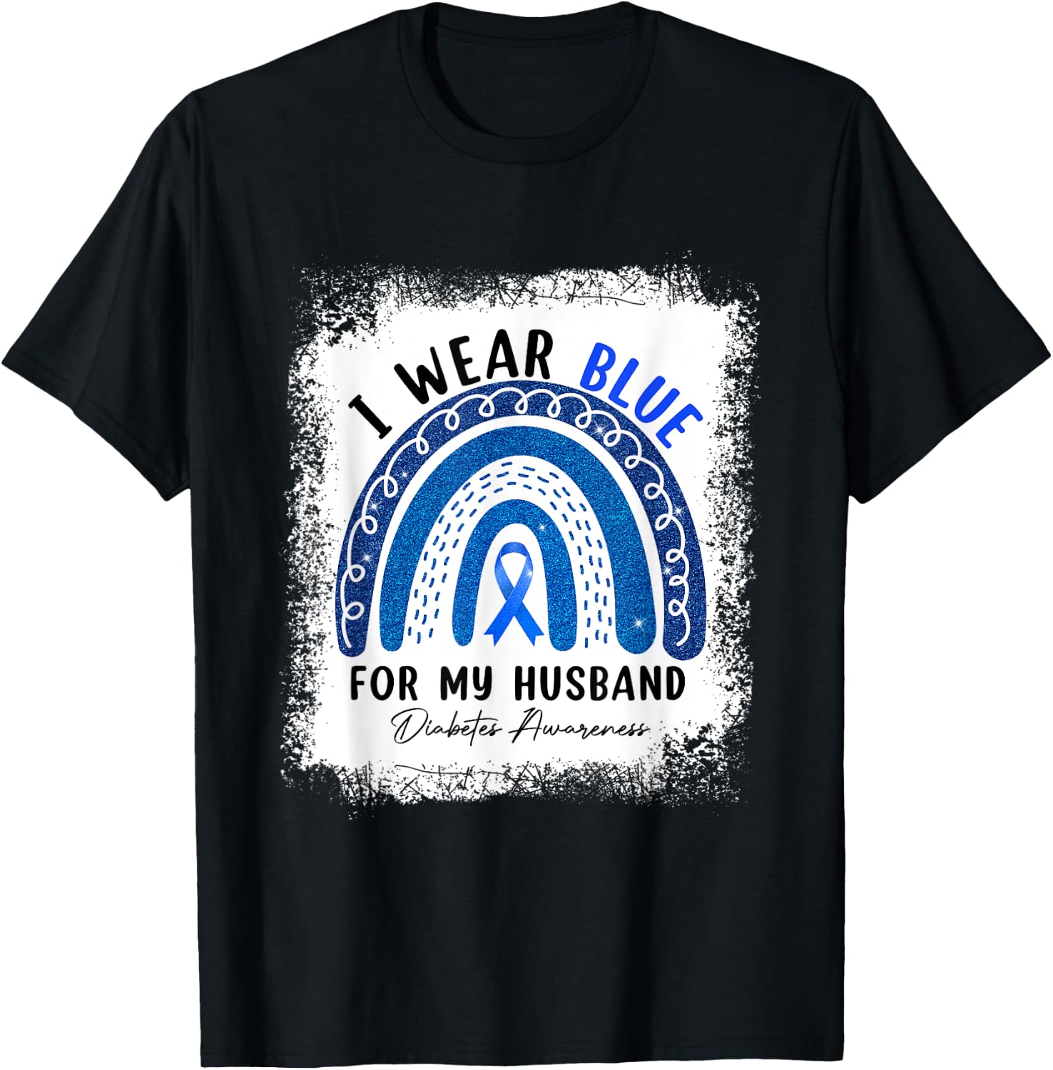 Rainbow I Wear Blue Ribbon For My Husband Diabetes Awareness T-Shirt - T-Shirt | Black