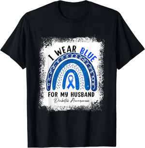 Rainbow I Wear Blue Ribbon For My Husband Diabetes Awareness T-Shirt - T-Shirt | Black
