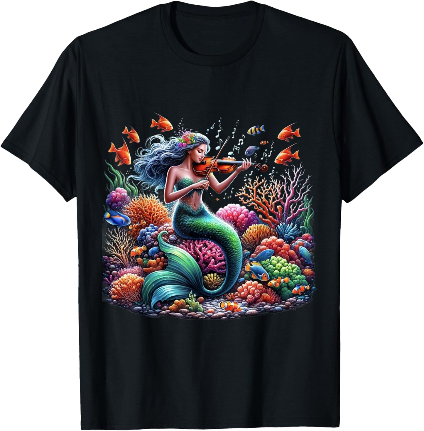Mermaid With Violin Underwater Music Print T-Shirt - T-Shirt | Black