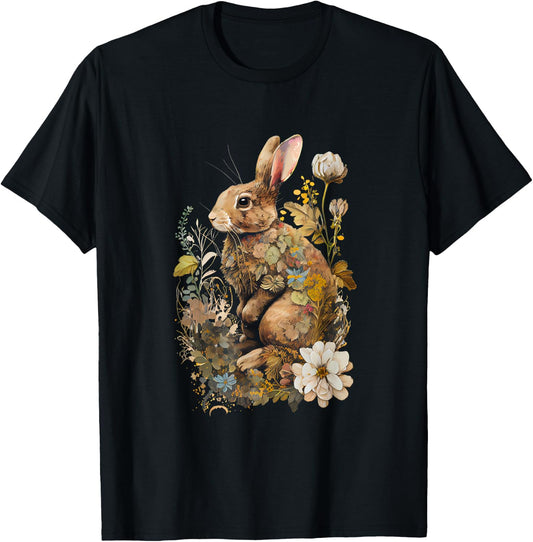 Cottagecore Floral Rabbit Cute Woodland Aesthetic T-Shirt - T-Shirt | Black