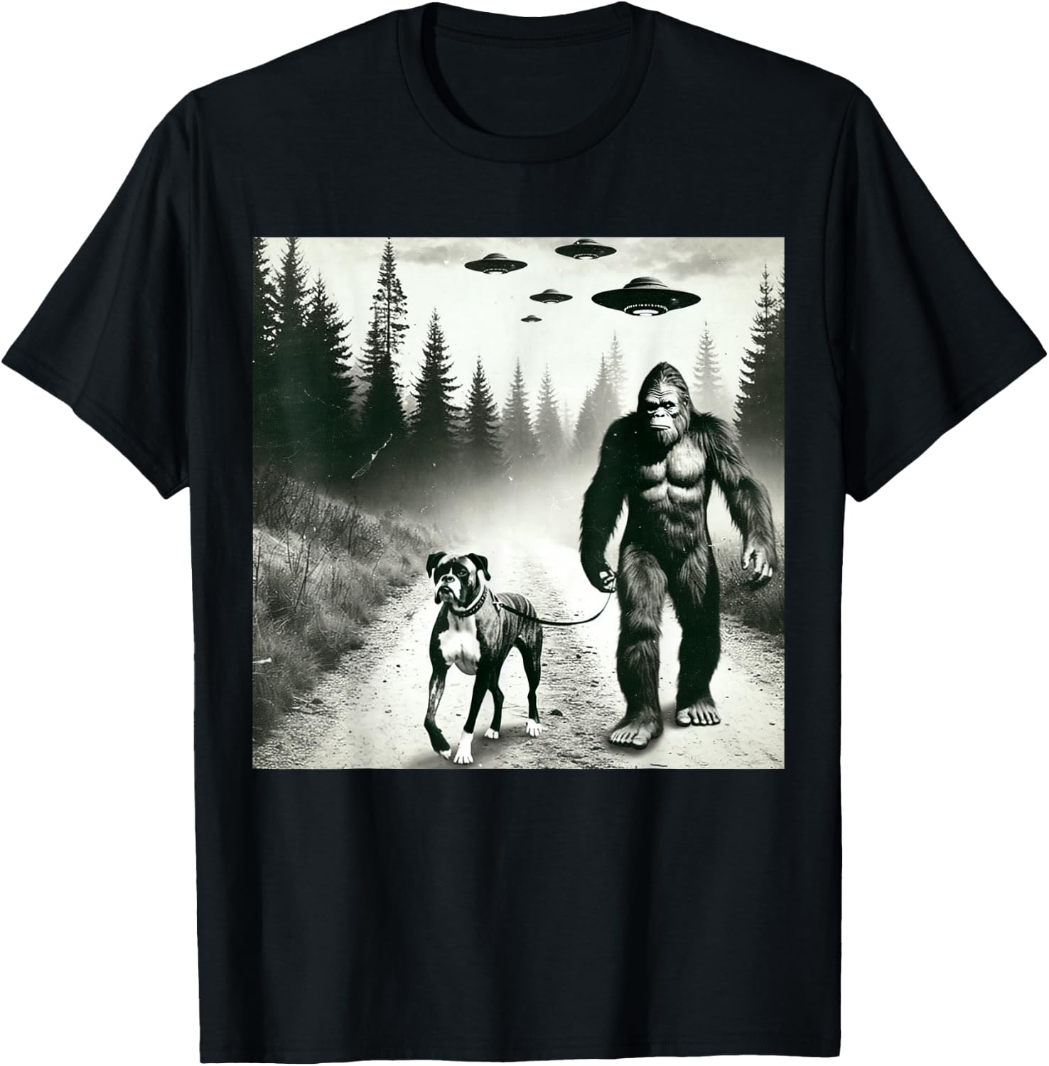 Funny Bigfoot Walking With Boxer Dog. Bigfoot And Dog UFO T-Shirt - T-Shirt | Black