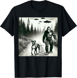 Funny Bigfoot Walking With Boxer Dog. Bigfoot And Dog UFO T-Shirt - T-Shirt | Black