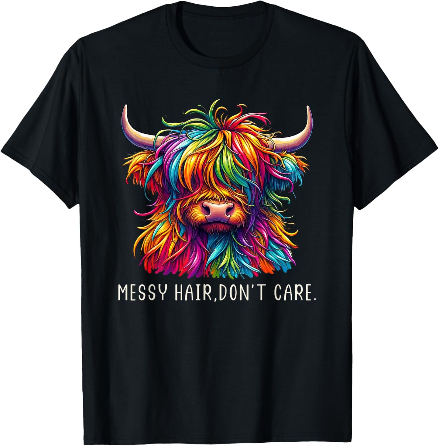 Highland Cow Messy Hair Colorful T-Shirt - T-Shirt | Black