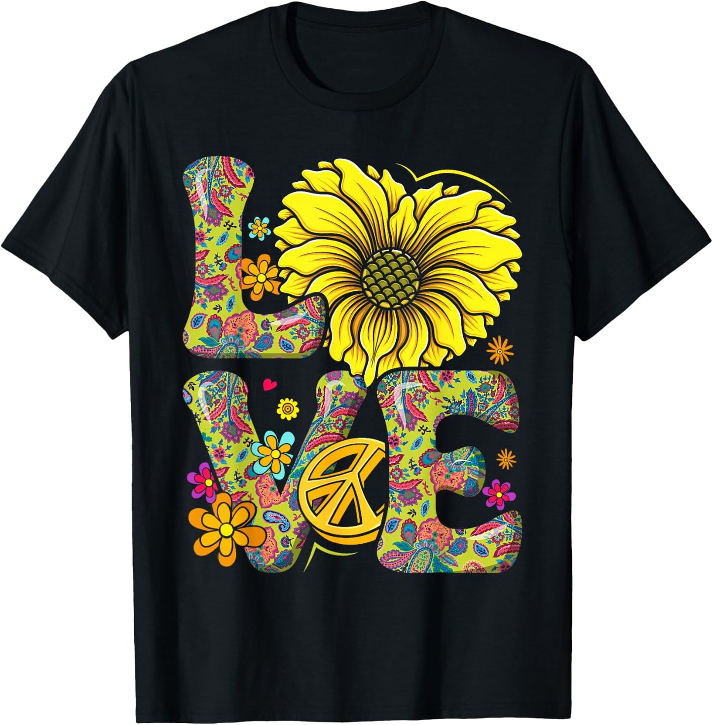 Flower Power Love Retro Hippie 60s 70s Peace , black T-Shirt - T-Shirt | Black