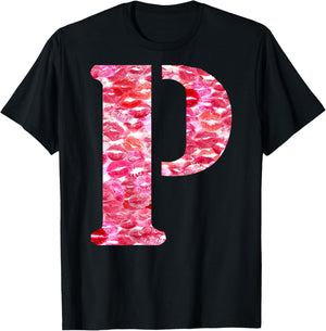 Back Print Only - Lipstick Kisses For Boyfriend Letter P T-Shirt - T-Shirt | Black