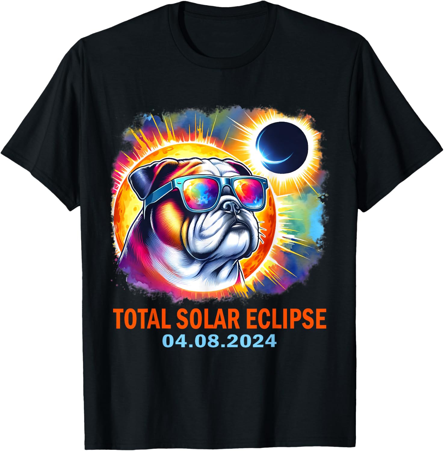 Colorful Bulldog Total Solar Eclipse 2024 T-Shirt - T-Shirt | Black