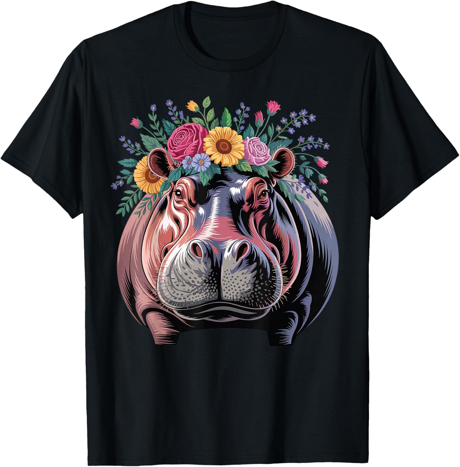 Floral Aesthetic Hippopotamus Lover Animal Face Hippo T-Shirt - T-Shirt | Black