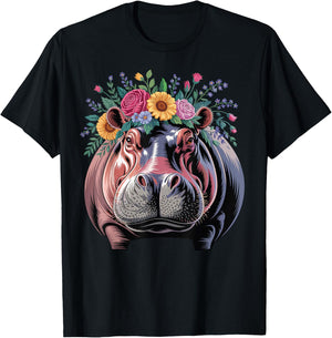 Floral Aesthetic Hippopotamus Lover Animal Face Hippo T-Shirt - T-Shirt | Black