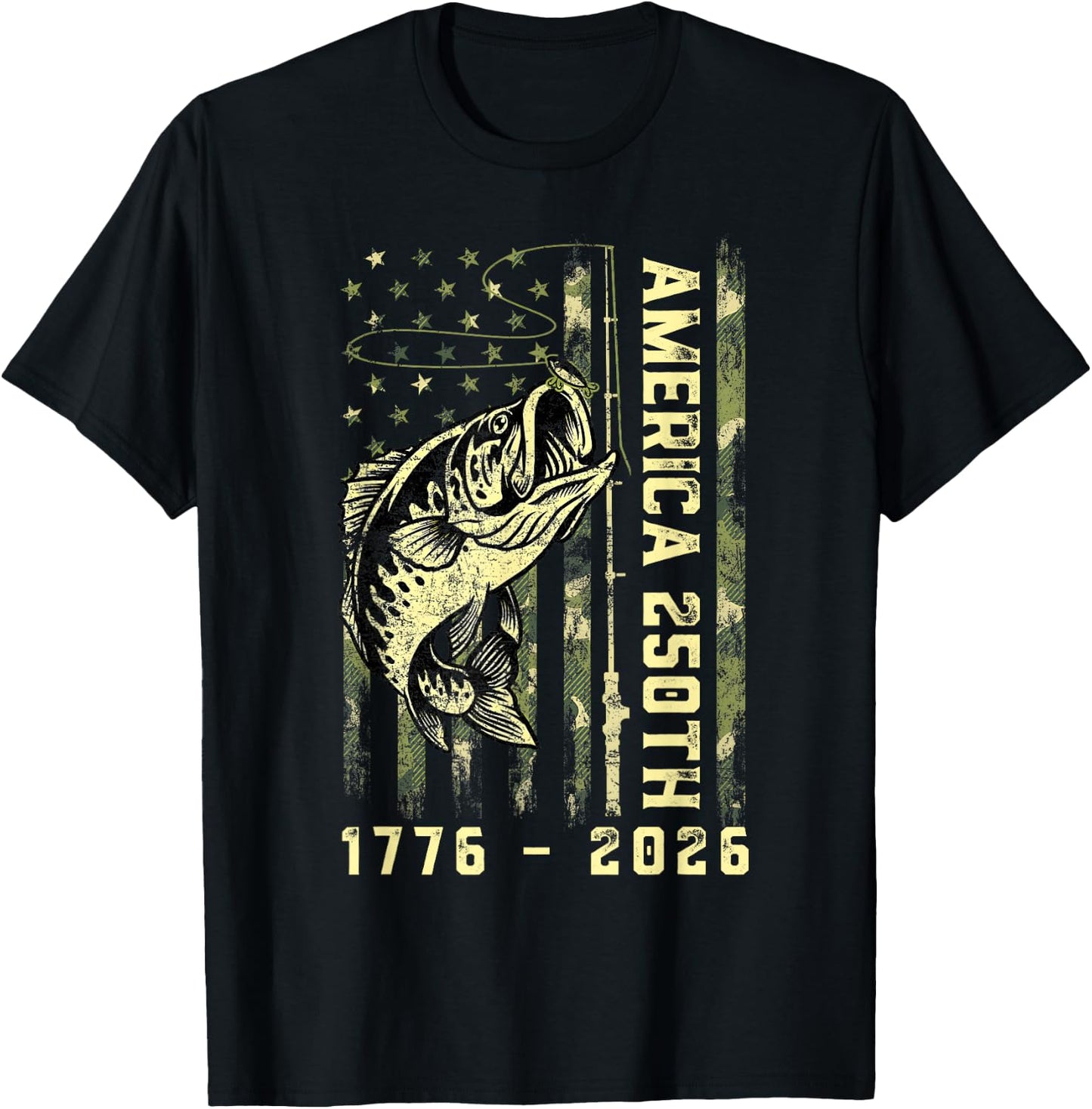 250 Years American 1776 2026 Fishing USA Flag Fish Lover T-Shirt - T-Shirt | Black
