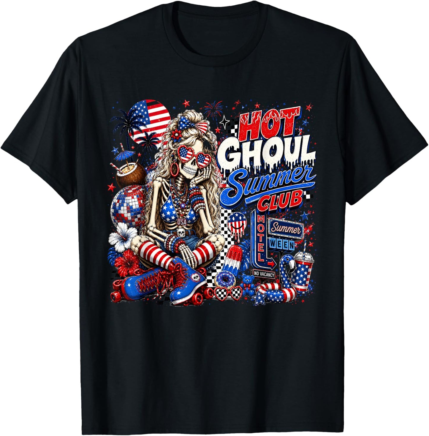 Hot Ghoul Summer Club, 4th of July Girl, Summerween Skeleton T-Shirt - T-Shirt | Black