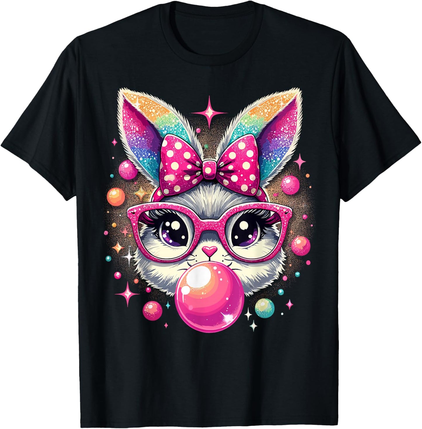 Happy Easter Bunny Tie Dye Coquette Bow Rabbit Face Easter T-Shirt - T-Shirt | Black