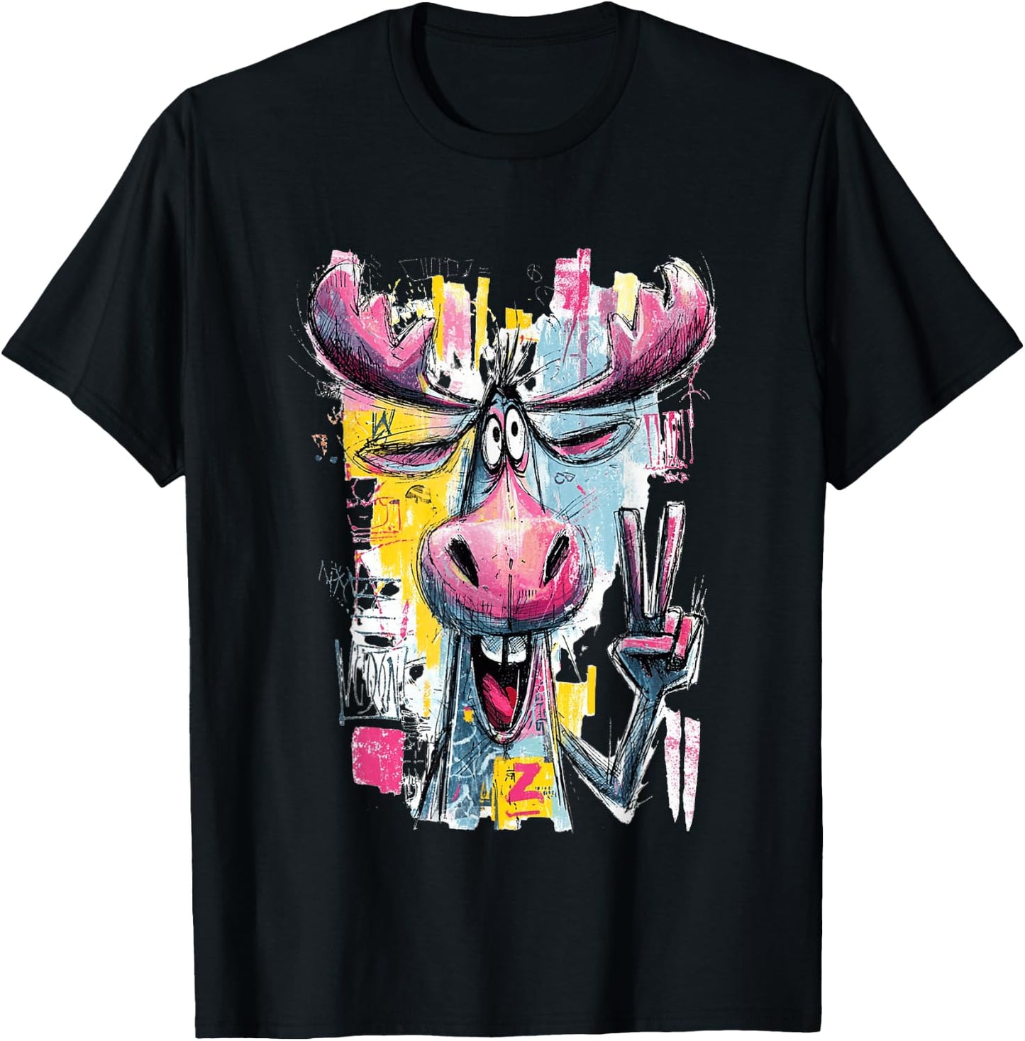 Funny Moose Peace Graffiti Pop Character Graphic Art Face T-Shirt - T-Shirt | Black