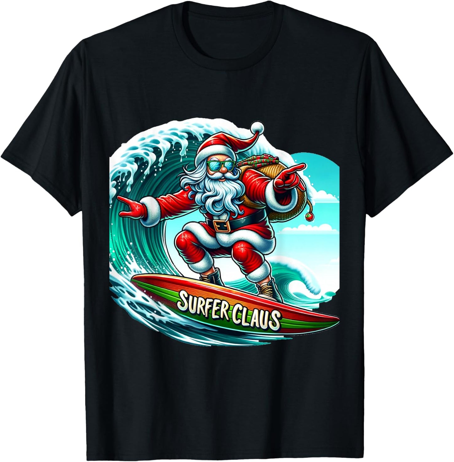 Surfer Claus Santa on Surfboard Wave Rider Christmas Xmas T-Shirt - T-Shirt | Black