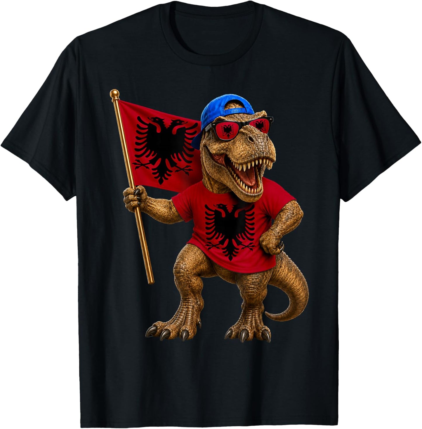 Albanian Flag Dinosaur Roots T-Rex Pride Albania T-Shirt - T-Shirt | Black