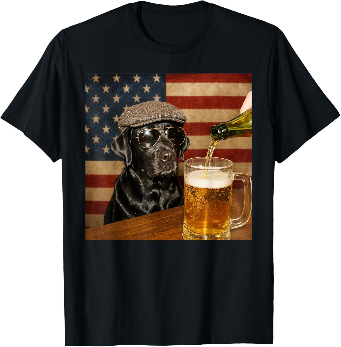 Black Lab Drinking Beer Funny Dog Glasses with Hat Meme T-Shirt - T-Shirt | Black