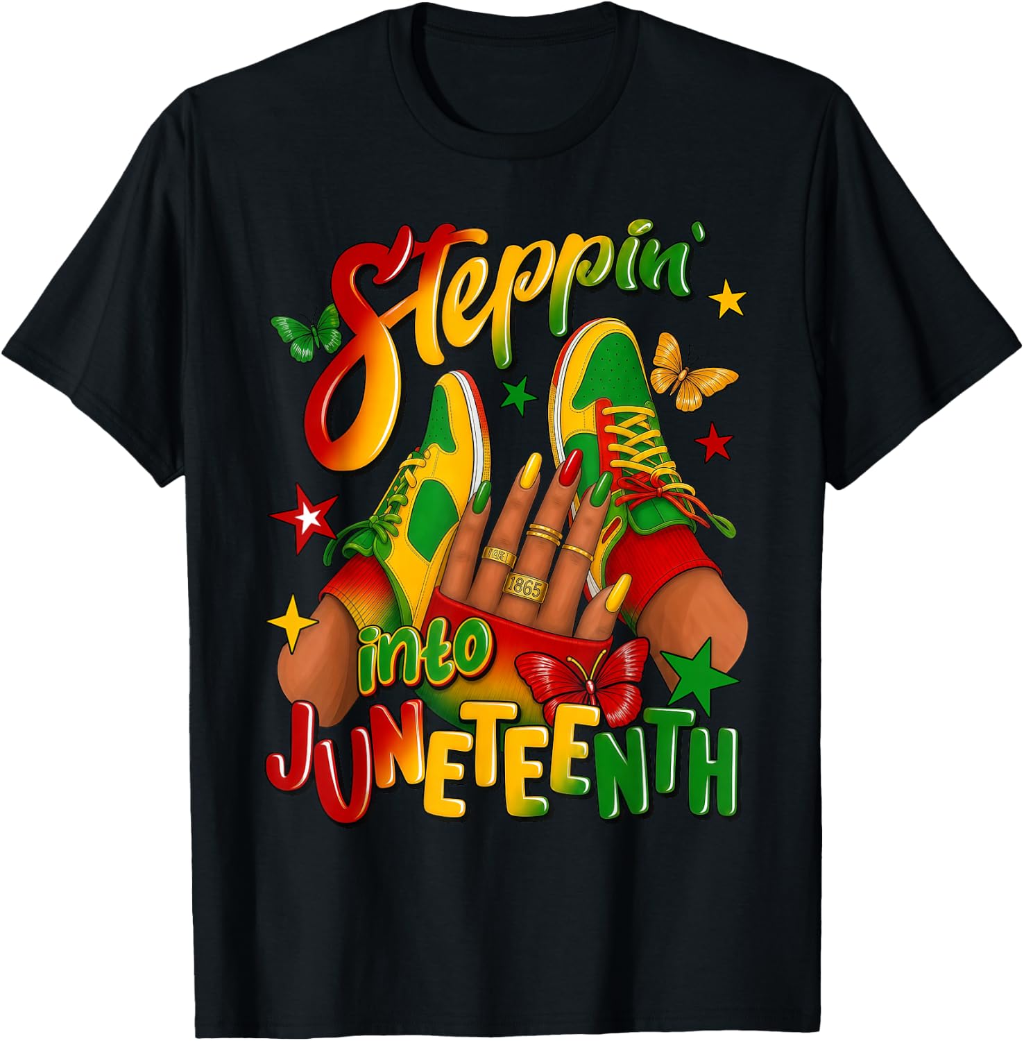 Steppin' Into Juneteenth 1865 Melanin Queen Afro Black Woman T-Shirt - T-Shirt | Black