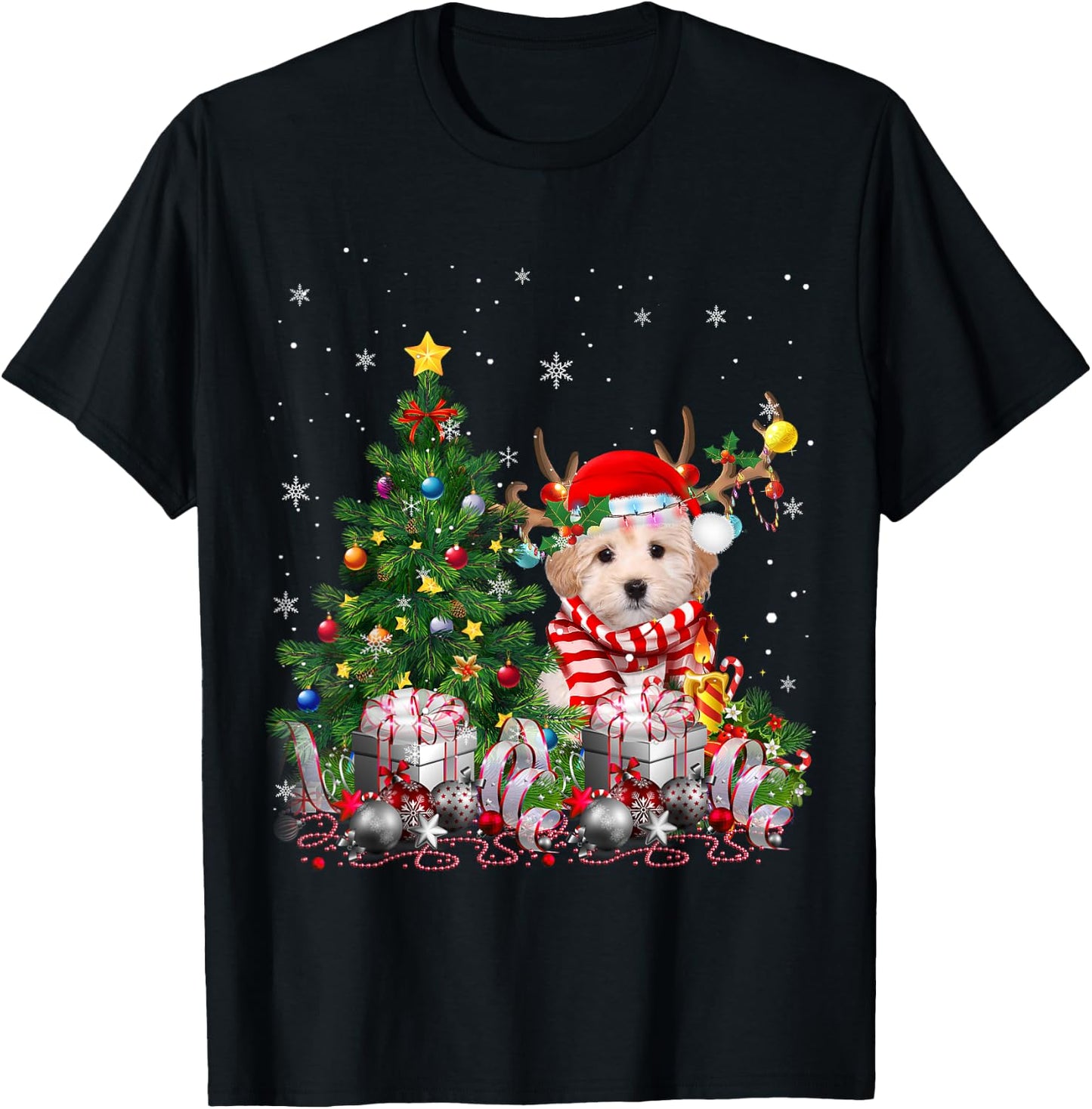Maltipoo Dog Christmas Tree Lights Santa Pajamas Xmas Women Kids T-Shirt - T-Shirt | Black