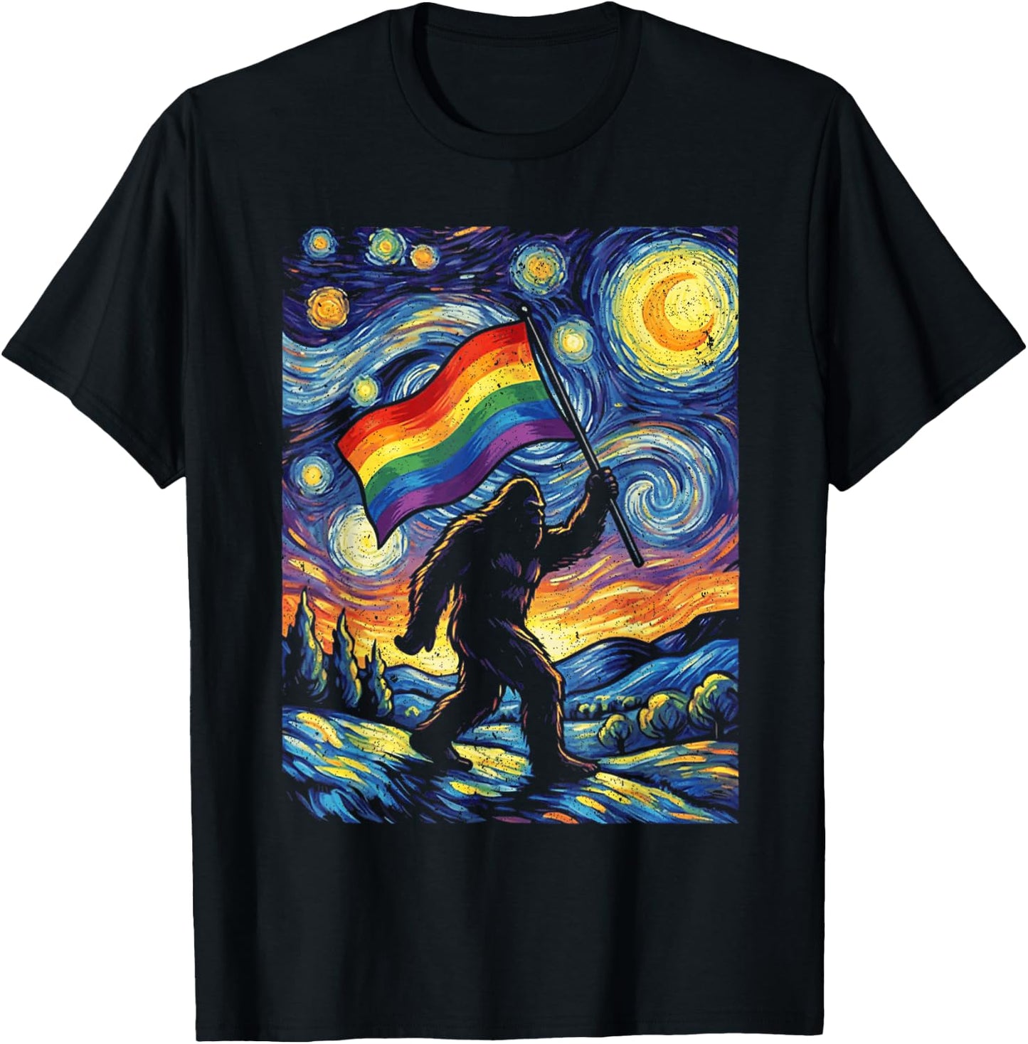 Bigfoot Starry Night Sasquatch Gay Pride LGBT Support T-Shirt - T-Shirt | Black