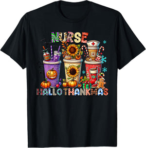 halloween thanksgiving christmas happy hallothanksmas Nurse T-Shirt - T-Shirt | Black